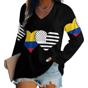 Colombiaanse Vlag En Zwarte Amerikaanse Vlag Vrouwen Casual Lange Mouw T-shirts V-hals Gedrukt Grafische Blouses Tee Tops 5XL