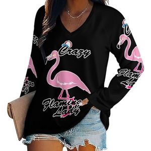 Crazy Flamingo Lady Dames Lange Mouw V-hals T-shirts Herfst Tops Trui Tuniek Tee voor Leggings