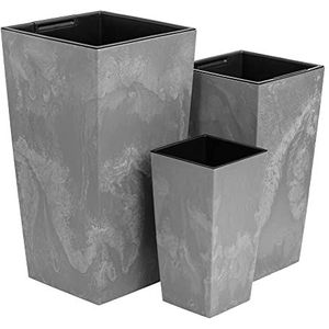 Set van 3 x bloempot H 45 /50 / 55 cm hoog trapezium lichtgrijs beton structuur bloembak kunststof plantenbak vierkant