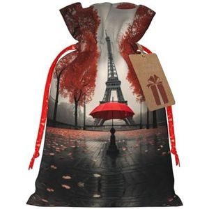 Eiffeltoren met rode paraplu premium jute trekkoord geschenkzakken - stoffen geschenkzakken perfect voor Kerstmis