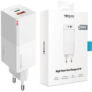 Forever Core oplader PD+ QC 3.0 GaN 1x USB 1x USB-C 65W wit, adapter voor MacBook/Pro/Air, iPhone, iPad, Galaxy, Huawei, Xiaomi, Lenovo