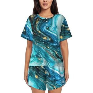 YJxoZH Turquoise Blauw Goud Marmer Print Womens Zomer Pyjama Sets Nachtkleding Dames Korte Mouw Nachtkleding Pjs Lounge Met Zakken, Zwart, XL