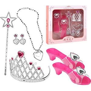 Prinses Aankleedschoenen | Kleuter aankleedschoenen en sieraden | Prinses aankleedset met schoenen, kroon, ketting, toverstaf, oorbellen Dous