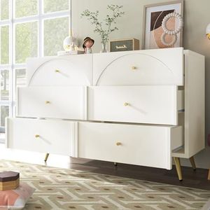 Aunvla Ladekast met 6 laden, wit dressoir, highboard voor slaapkamer en alle woonruimtes, crème-wit H85/B120/T40 cm