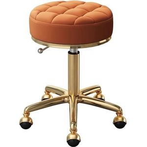 JAVPTAV Verstelbare draaibare schoonheidskruk met PU-lederen zitting en roestvrijstalen gouden frame - ronde rollende spa salon massagestoel op wielen voor thuis (oranje)