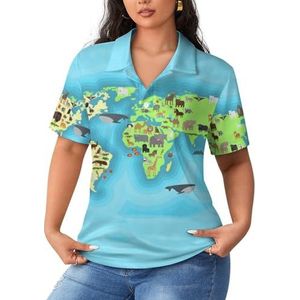 World Animals Map Dames Sport Shirt Korte Mouw Tee Golf Shirts Tops Met Knopen Workout Blouses