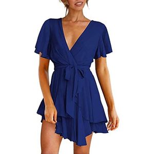 XINNGAN Vrouwen Jurk Diepe V-hals Korte Mouw Jurk Taille Tie Ruche Mini Swing Skater Jurk Effen Elegante Party Dames Jurk