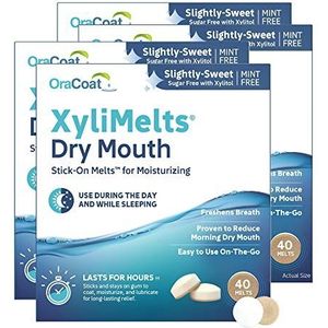 Oracoat XyliMelts voor droge mond, nacht of dag - hydraterende droge mond hechtende schijven, suikervrij met xylitol, 40 Count - 4 Pack, lichtzoete smaak, 8 uur Relief
