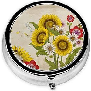 Bijen Zonnebloemen Daisy Rose Bloemen Ronde Pill Box Decoratieve Doos Pill Box, Twee Compartiment Pill Box