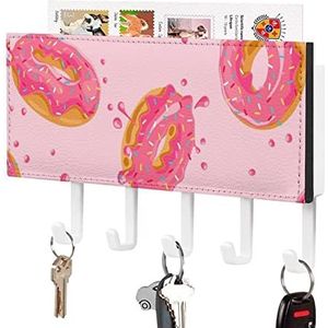 Roze Zoete Donuts Print Sleutelhouder voor Muur met 5 Haken Brief Kapstok Home Decor Keuken Slaapkamer Kantoor