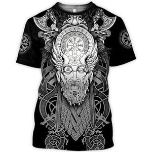 Norse Odin Helm Heren T-shirt, Vintage Viking 3D Print Rune Classic Harajuku Fitness Korte Mouw, Celtic Pagan Outdoor Street Sports Ademende Top (Color : Odin E, Size : L)