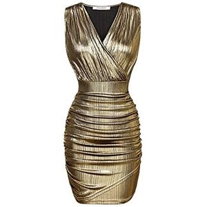 Bodycon Mini Jurk Avond Cocktail Party Jurk V-Hals Ruched Mantel Formele Potlood Jurk Party Werk Faux Wrap Jurk,Goud,XXL