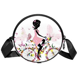 Ronde Crossbody Tas Messenger Bag Purse voor Vrouwen Bloem Fiets Roze Lady Outdoor Vlinder, Meerkleurig, 6.7x6.7x2.3 in, Sling Rugzakken