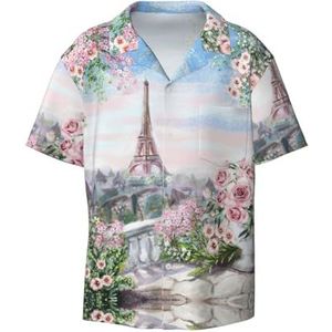 OdDdot Paris Eiffeltoren met bloemenprint herenoverhemden atletisch slim fit korte mouwen casual zakelijk overhemd met knopen, Zwart, 4XL