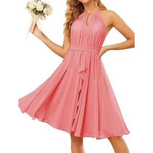 WSEYU Halter Schoolgala Jurken voor Tieners Korte Chiffon Bruidsmeisje Afstuderen Cocktail Party Jurk met Zakken ZM205, Koraal, 32