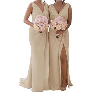 SAYNO Chiffon bruidsmeisjesjurk voor dames, met split, galajurken, plooien, cocktailjurk, grote maten, Champagne, 32
