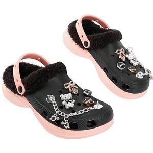 CityComfort Clogs voor meisjes met fleecevoering en afneembare bedels, tuinschoenen, Zwart, 31 EU