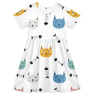 LI ZHI XIN Meisjes Jurk Kinderen Zomer Korte Mouw Ronde Hals Casual Jurken voor Leeftijd 2-8 Kat Cartoon Patroon, Meerkleurig, 2 jaar