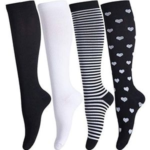 Compressiekousen voor mannen en vrouwen (4 paar) antislip lange schacht ondersteuning kous ideaal voor hardlopen, verpleegkundige, reizen, vlucht, zwangerschap 15-25 mmHg