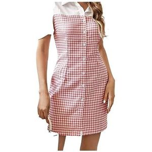 jurken voor dames Damesoverhemdjurk met gingham-print en pofmouwen (Color : Rosa, Size : XL)