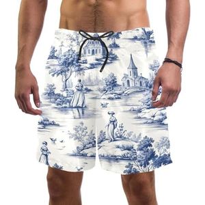PAFEFO Nieuwigheid boardshorts voor heren, strandvakantie, feest, sneldrogende badpakken met witte en blauwe speelgoedontwerpen, Wit en Blauw Toile, L