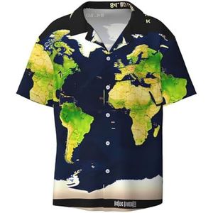 OdDdot Wereldkaart Print Heren Overhemden Atletische Slim Fit Korte Mouw Casual Business Button Down Shirt, Zwart, XXL