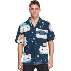 KAAVIYO Blauwe Sneeuw Leuke Kat Kitty Shirts Voor Mannen Korte Mouw Button Down Hawaiiaanse Shirt voor Zomer Strand, Patroon, M