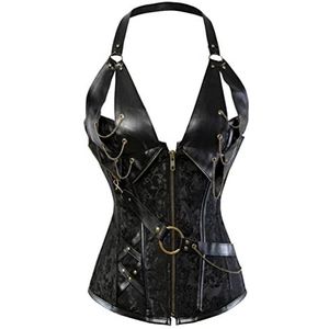 WEITING Nieuwe damesmode zwart brokaat steampunk korset kunstleer vetersluiting uitgebeend met kettingen gothic overbuste korsetten-zwart, S