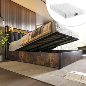 Aunvla Gestoffeerd bed, metalen bed, led, app-control, tweepersoonsbed met opladen, USB-oplaadfunctie, hoofdeinde en ledverlichting, metalen bed, 140 x 200 cm, lattenbodem van hout, grijs (met matras)