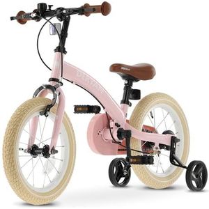 Deryan Luxe kinderfiets 14 inch | 3-in-1 loopfiets | fiets met verstelbaar zadel en stuur | kinderfiets voor jongens en meisjes | roze