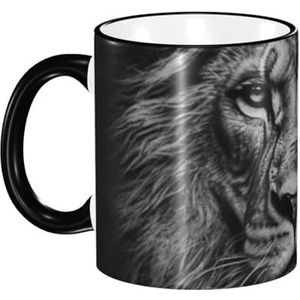 Mok, 330 ml keramische kop koffiekop theekop voor keuken restaurant kantoor, zwart-wit leeuwenkop print