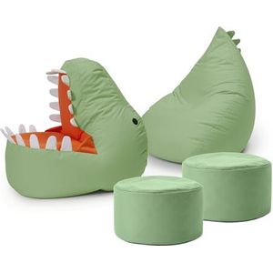 Lumaland Kinderzitzakset Dino, 4-delig, zitzak voor outdoor & indoor, stoel of kinderbank met vulling, ideaal voor de kinderkamer, 1 x dino, 1 x monster en 2 x poef