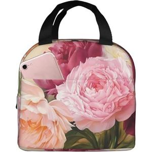 Peony Flowers Blossom Unisex verdikte geïsoleerde lunchtas met voorvak voor werk, reizen, wandelen, picknick