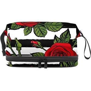 Dubbele Laag Cosmetische Tas Bloeiende Rode Rozen Draagbare Make-up Tas Reizen Organizer Pouch voor Vrouwen Meisjes Toiletartikelen Tassen, Meerkleurig, 27x15x14 cm/10.6x5.9x5.5 in, Make-up zakje