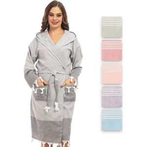Heré Mood Badjas van hamamdoek, saunahanddoek, voor vrouwen voor ultieme luxe, met riem en capuchon - lange vorm dames licht en modieus, zwart, M Tall