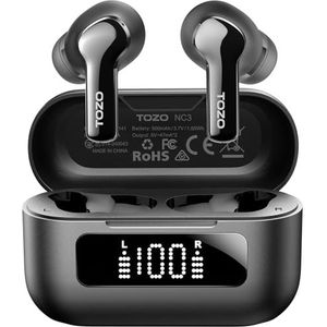 TOZO Hybride actieve ruisonderdrukkende draadloze oordopjes, stereo bas-oordopjes, 6 microfoons AI Clear Call in Ear Bluetooth-hoofdtelefoon, IPX8 waterdichte headset, 55 uur speeltijd met LED-display