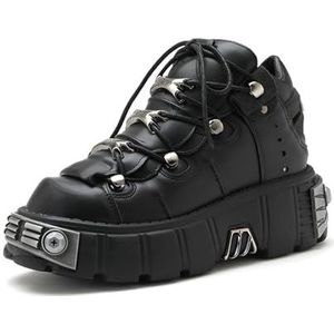 Goth Punk Black Metallic Platform Ankle Boots Voor Dames Veters Met Ronde Neus Combat Motorlaarzen,zwart,35 EU