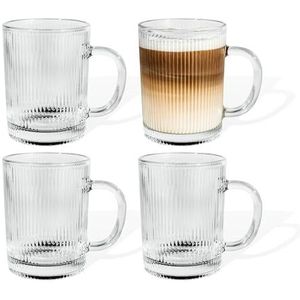 7 O'CLOCK Glazen set van 4 | Design Vintage Riffle Mug Paris | Theeglazen, koffiemokken, ijskoffieglazen, cocktailglazen, longdrinkglazen, water, thee, koffie, sap, geribbeld, vaatwasmachinebestendig, duurzaam, 300 ml