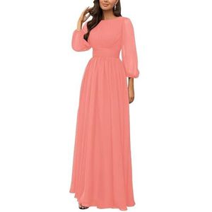 KURFACE Bruidsmeisjesjurken met lange mouwen, geplooide ronde hals, chiffon, bruidsmeisje, formele avondjurk, Koraal, 32