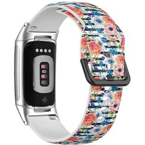 RYANUKA Zachte sportband compatibel met Fitbit Charge 5 / Fitbit Charge 6 (roze oranje wit blauwe bloemen) siliconen armband accessoire, Siliconen, Geen edelsteen