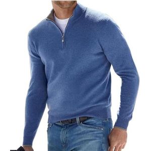 BAWUTZ Basic kasjmier sweater met rits voor heren, polo, klassiek, sweater met V-hals, lange mouwen, voelt aanvoelend, kwart rits (blauw, S)