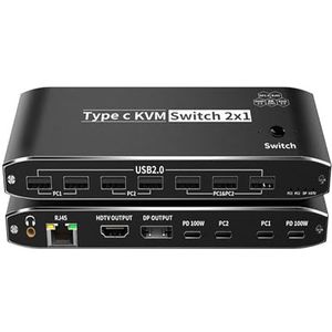 Videoschakelaar 3500W 8K USB C Naar HMI DP KVM-switch 4K120Hz Video Switcher Met RJ45 Netwerkpoort PD 100W Opladen for 2 PC Naar 1 TV Monitor Livestream-schakelaar