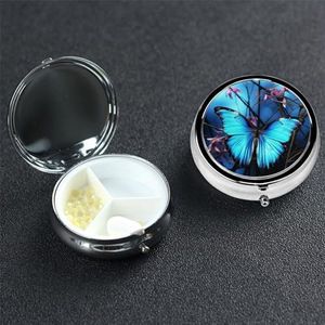 Kleine pillendoos draagbare pillendoosje 3 compartimenten metalen pillenhouder organizer schattige blauwe vlinder en bamboe pillendoos voor portemonnee zak