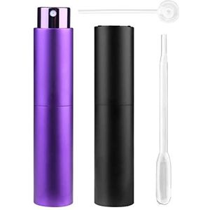 Zingso Hervulbare reisparfum verstuiver flessen, 2 stuks 10 ml mini draagbare spuitflessen navulbare parfum aftershave verstuiver lege reisflessen met trechter... (10 ml (zwart+donkerpaars))