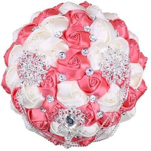 Bruids bruidsboeket met strass broche parel string cascade boeket voor bruid bruidsmeisje Quinceanera satijn roos bloem boeket bruiloft (kleur: rood en melk)