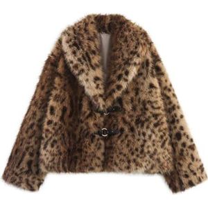 CakfLjkhl Dames kunstbontjas luipaardprint lange mouwen revers pluche jassen zachte winterjas,Bruin,L