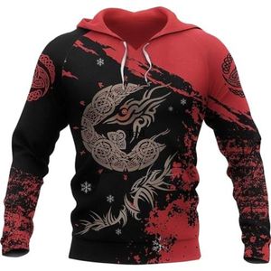 Viking Celtic Wolf Hoodie - Noorse Mythologie Fenrir Totem Tattoo Sweatshirts, Casual Lichtgewicht Pullover voor Heren(Red,5XL)