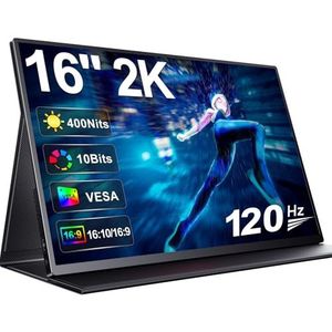 UPERFECT 2K 120Hz 16 Inch Draagbare Monitor 2560x1600 1200:1 Contrast 400 Nits Oogverzorging IPS Mat Scherm Mini HDMI USB C voor PC Laptop Smartphone Xbo Switch PS4/5, Mobiel Display VESA-compatibel
