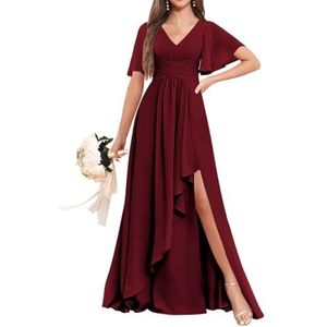 Chiffon bruidsmeisjesjurken voor dames, voor bruiloft, ruches avondgalajurken, cocktailjurken, grote maten, Bordeaux, 32