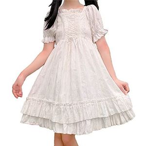 Mfacl Schattige lolita jurk Japanse zomer vrouwen witte lolita jurk vierkante kraag lace up hoge taille prinses jurk schattige jurken (Color : As The Photo, Size : One Size)